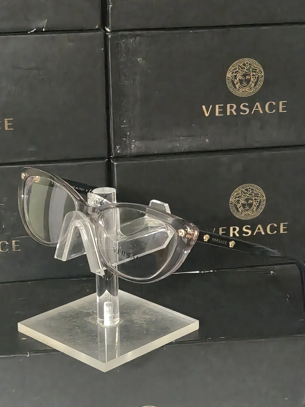Versace Men's Transparent Gray Frame Glasses with Black Temples